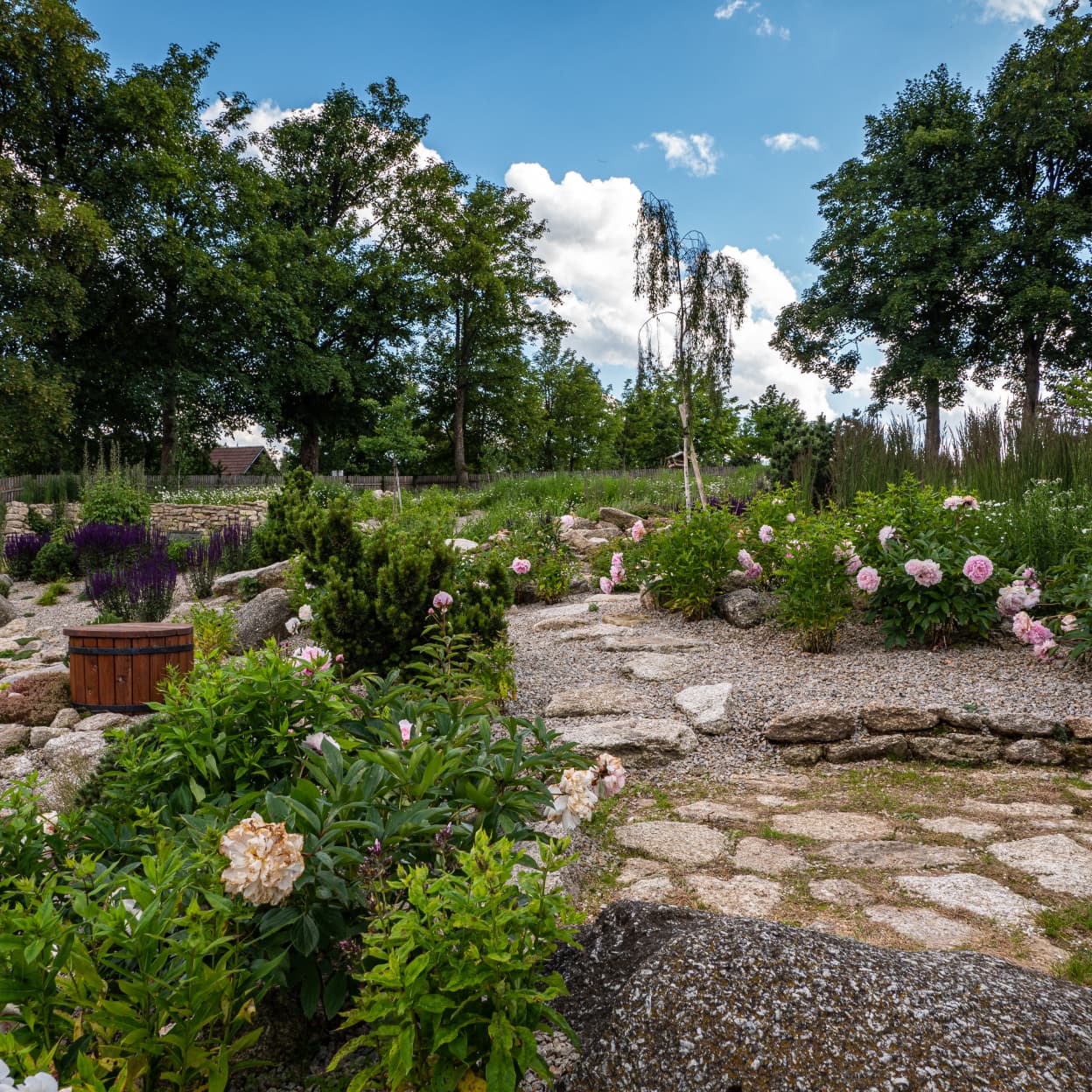 Udržitelná zahrada bez chemie s kombinací louky, kamenů a vody